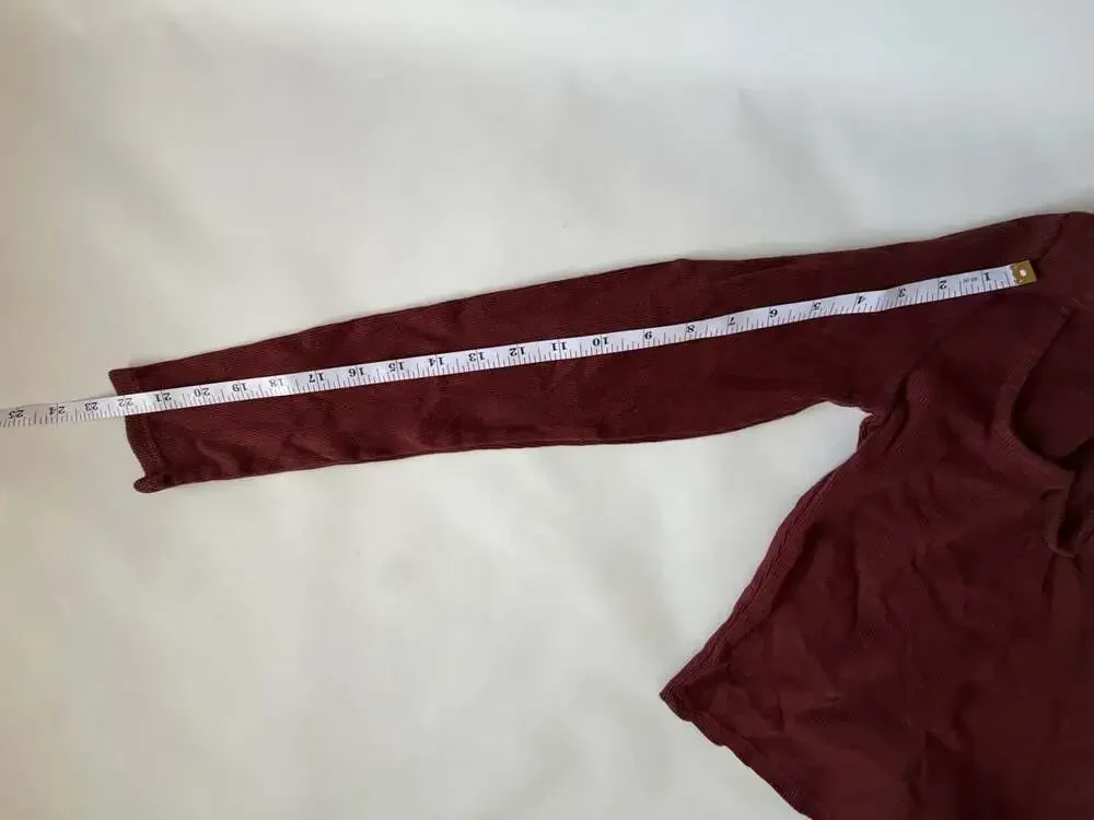 Zara Top L Burgundy Ribbed Square Neck Notch Long Sleeve Crop